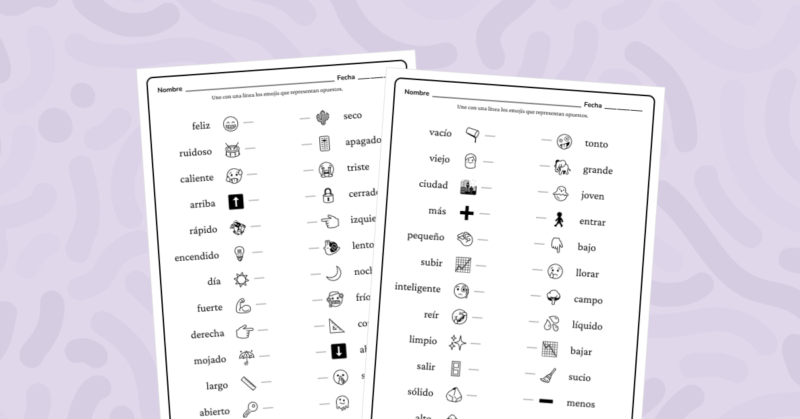 Ejercicio educativo que ayuda a los estudiantes a identificar y conectar conceptos opuestos mediante emojis y palabras.